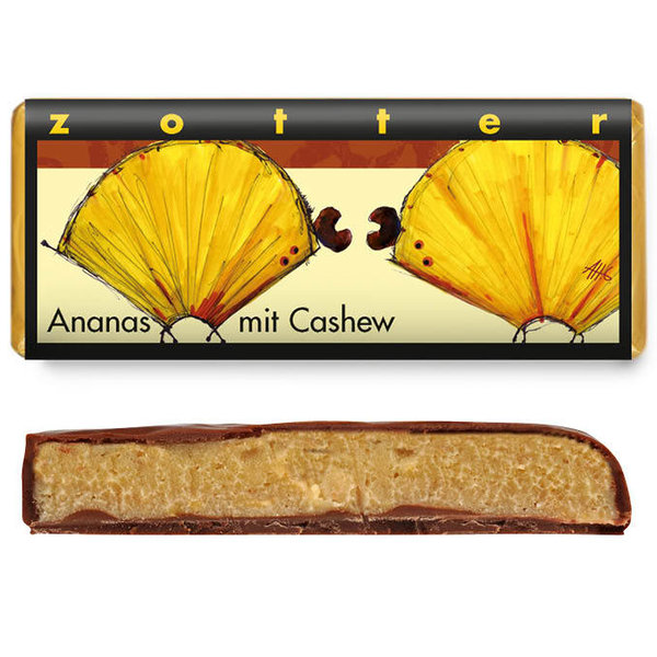 Zotter Handgeschöpfte Schokolade Ananas mit Cashew 70 g