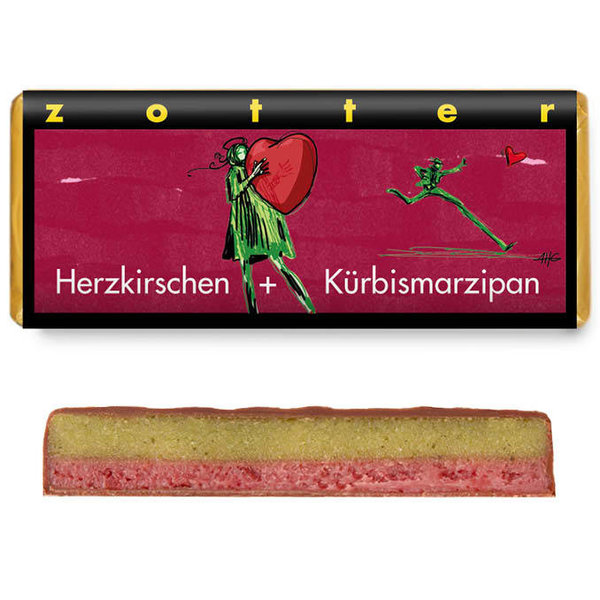 Zotter Handgeschöpfte Schokolade Herzkirschen & Kürbismarzipan 70 g